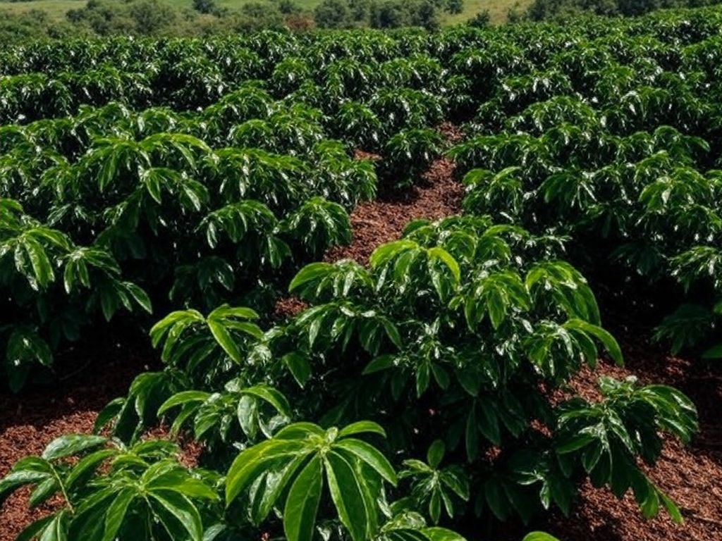 Plantação de café em Minas Gerais com solos em recuperação pela Emater-MG, vista ampla de cafezais saudáveis.