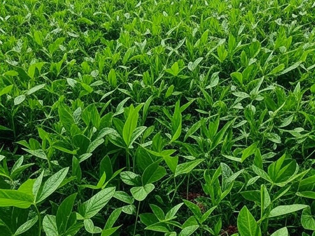 Lavoura de soja no Brasil, com plantas verdes em campo amplo, representando revisões otimistas de USDA e Conab.