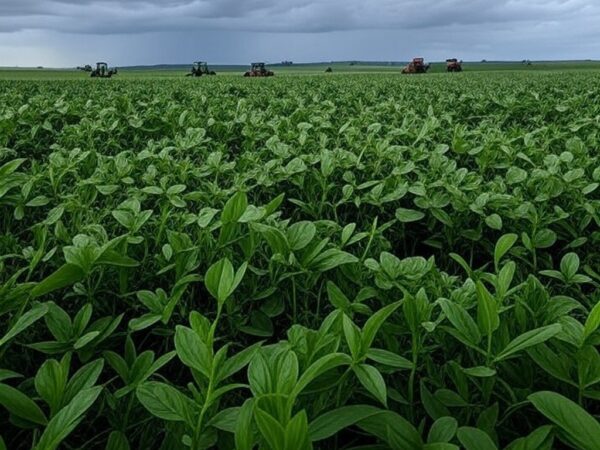 Plantação de soja no Brasil sob céu nublado, representando ameaças ao agronegócio por notícias falsas.