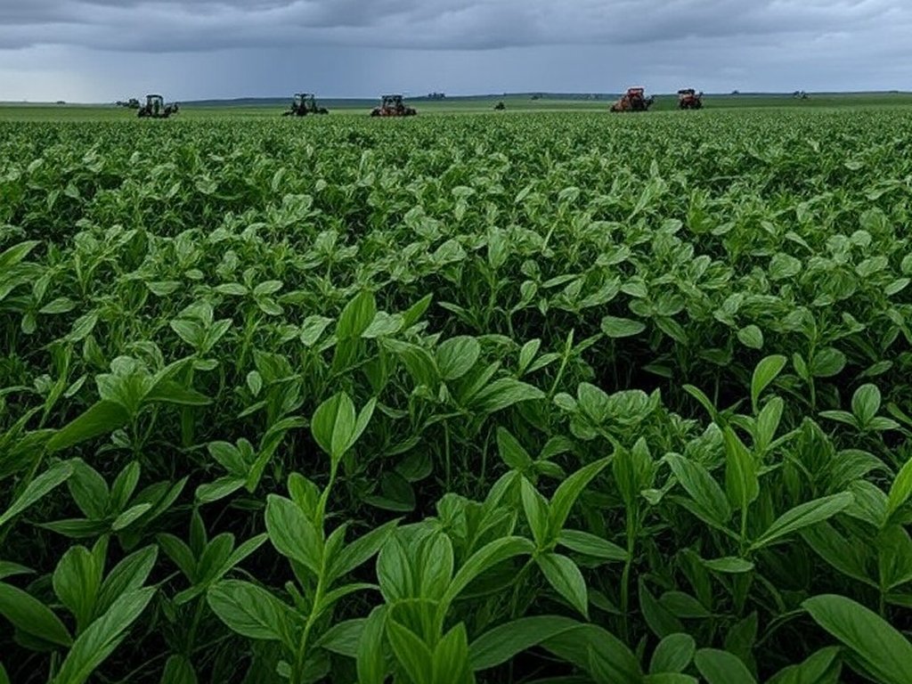 Plantação de soja no Brasil sob céu nublado, representando ameaças ao agronegócio por notícias falsas.