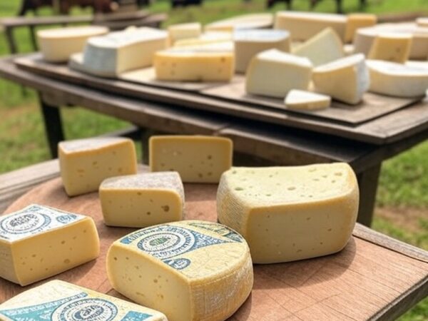 Variedades de queijo brasileiro em mesa rústica de fazenda mineira, sugerindo benefícios contra demência.
