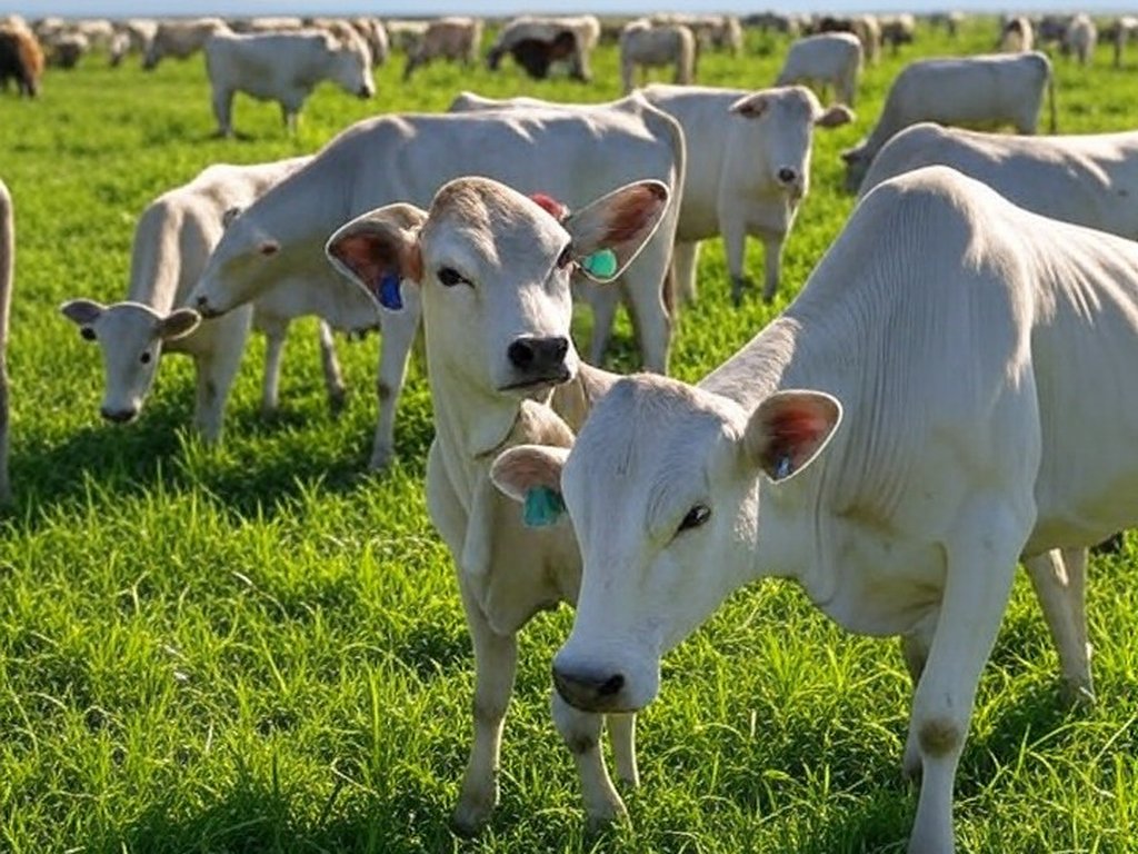 Rebanho de gado nelore em fazenda brasileira com tags de rastreabilidade, representando inovação na pecuária bovina.