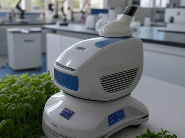 Biossensor da UFSCar em laboratório testando plantas resistentes a pragas no Brasil.