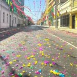 Avenida no Rio de Janeiro com decorações de Carnaval sob onda de calor intenso no Brasil.