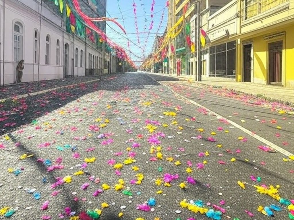 Avenida no Rio de Janeiro com decorações de Carnaval sob onda de calor intenso no Brasil.