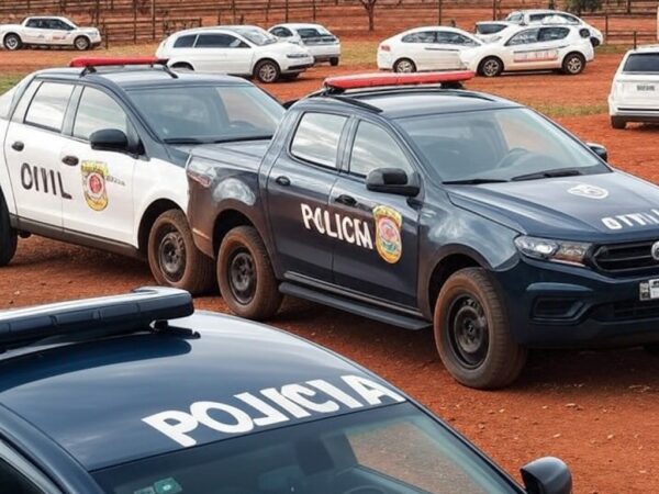 Viaturas da Polícia Civil de Goiás em fazenda rural, representando prisão por fraudes em leilões de gado.