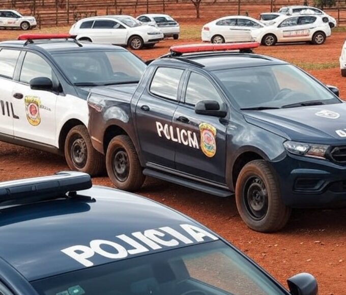 Viaturas da Polícia Civil de Goiás em fazenda rural, representando prisão por fraudes em leilões de gado.
