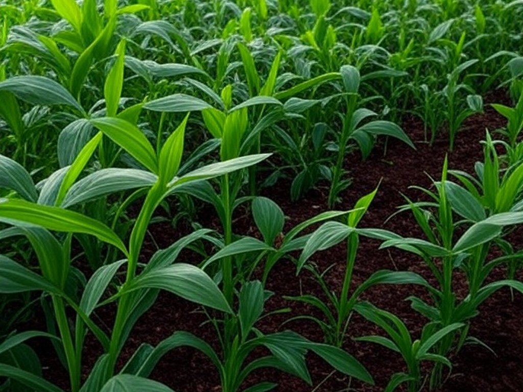 Plantação agrícola sustentável no Brasil com campos de soja e milho, impulsionada por fertilizantes organominerais.