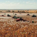 Campos de soja e algodão no agronegócio baiano com máquinas e drones inovadores.