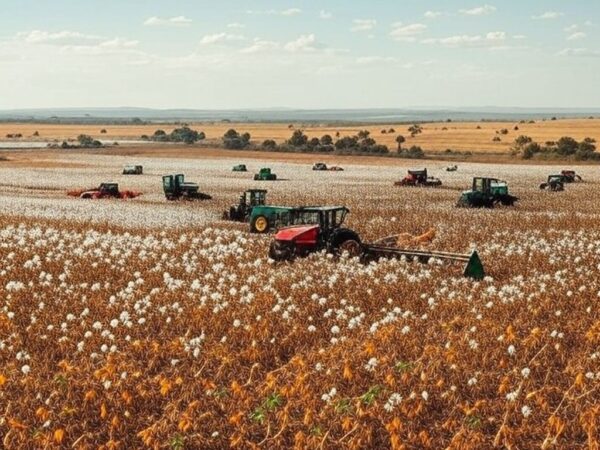 Campos de soja e algodão no agronegócio baiano com máquinas e drones inovadores.