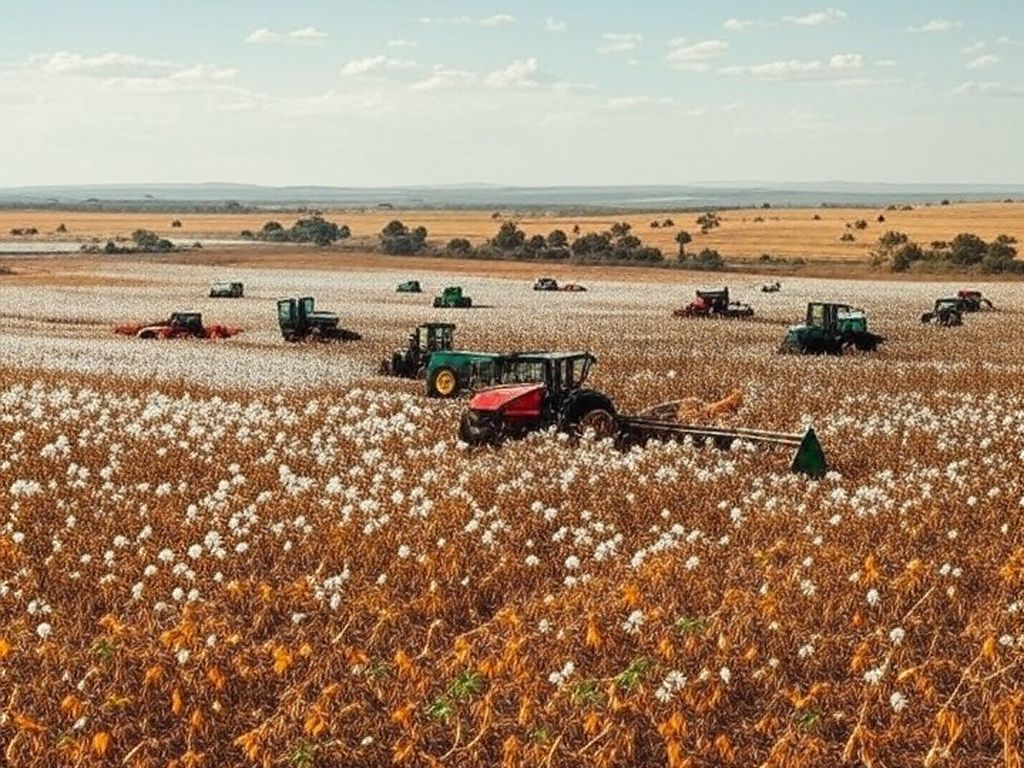 Campos de soja e algodão no agronegócio baiano com máquinas e drones inovadores.
