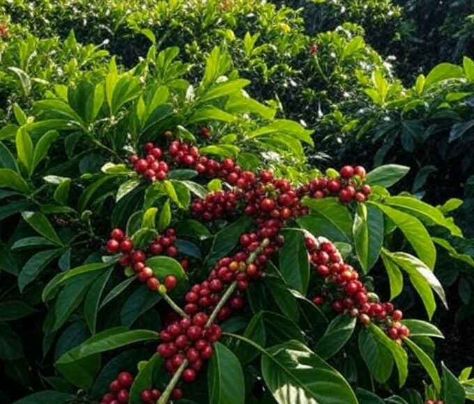 Plantação de café em Minas Gerais, Brasil, destacando liderança na produção de café solúvel.