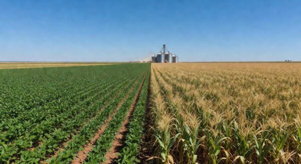 Campos de grãos no Brasil representando negociação 24 horas de commodities agrícolas como soja e milho.