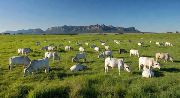 Rebanho de gado bovino em fazenda brasileira, ilustrando exportação de carne para China.