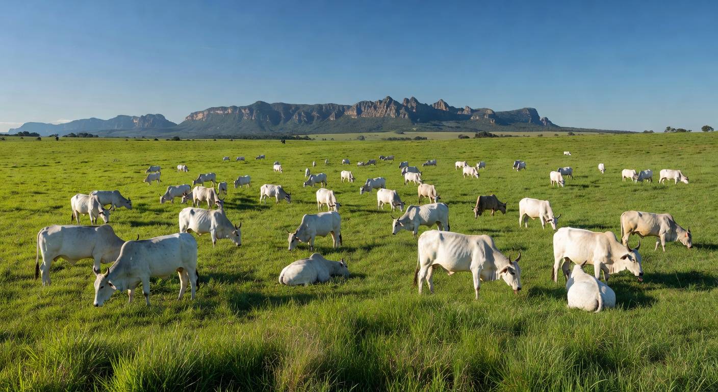 Rebanho de gado bovino em fazenda brasileira, ilustrando exportação de carne para China.