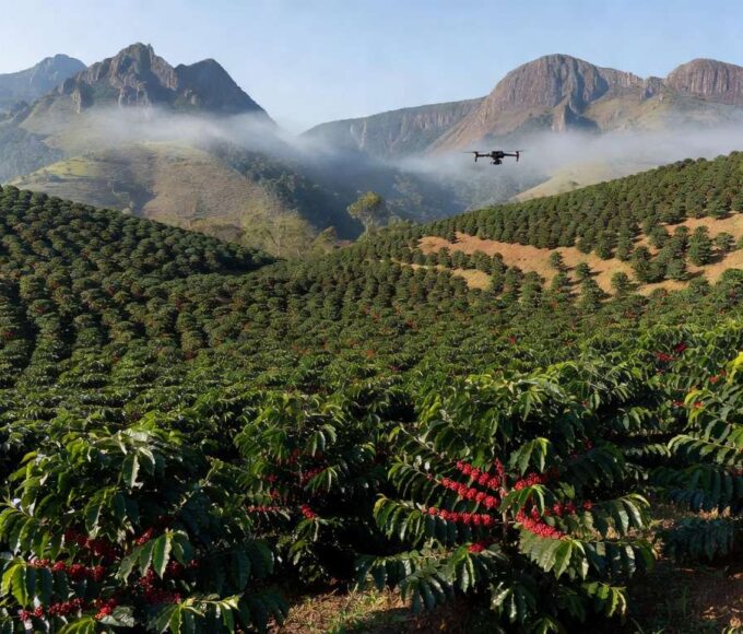 Plantação de café em Minas Gerais com tecnologia geoespacial, simbolizando parceria Brasil-República Tcheca para cafeicultura.