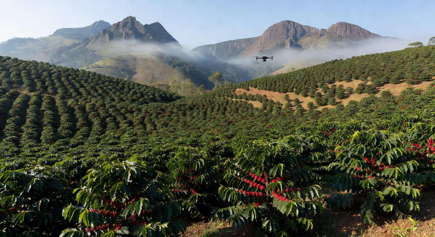 Plantação de café em Minas Gerais com tecnologia geoespacial, simbolizando parceria Brasil-República Tcheca para cafeicultura.