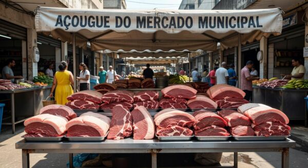 Bancada de açougue com cortes de carne bovina como filé mignon e picanha, destacando diferenças em textura e cor.