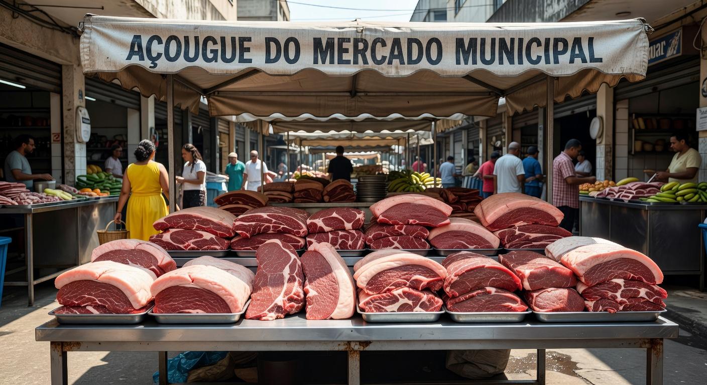 Bancada de açougue com cortes de carne bovina como filé mignon e picanha, destacando diferenças em textura e cor.