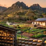 Paisagem da Serra da Canastra com fazenda sustentável produzindo queijo agroecológico em Minas Gerais.