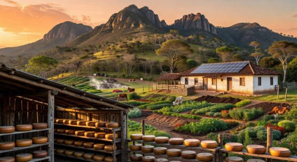 Paisagem da Serra da Canastra com fazenda sustentável produzindo queijo agroecológico em Minas Gerais.