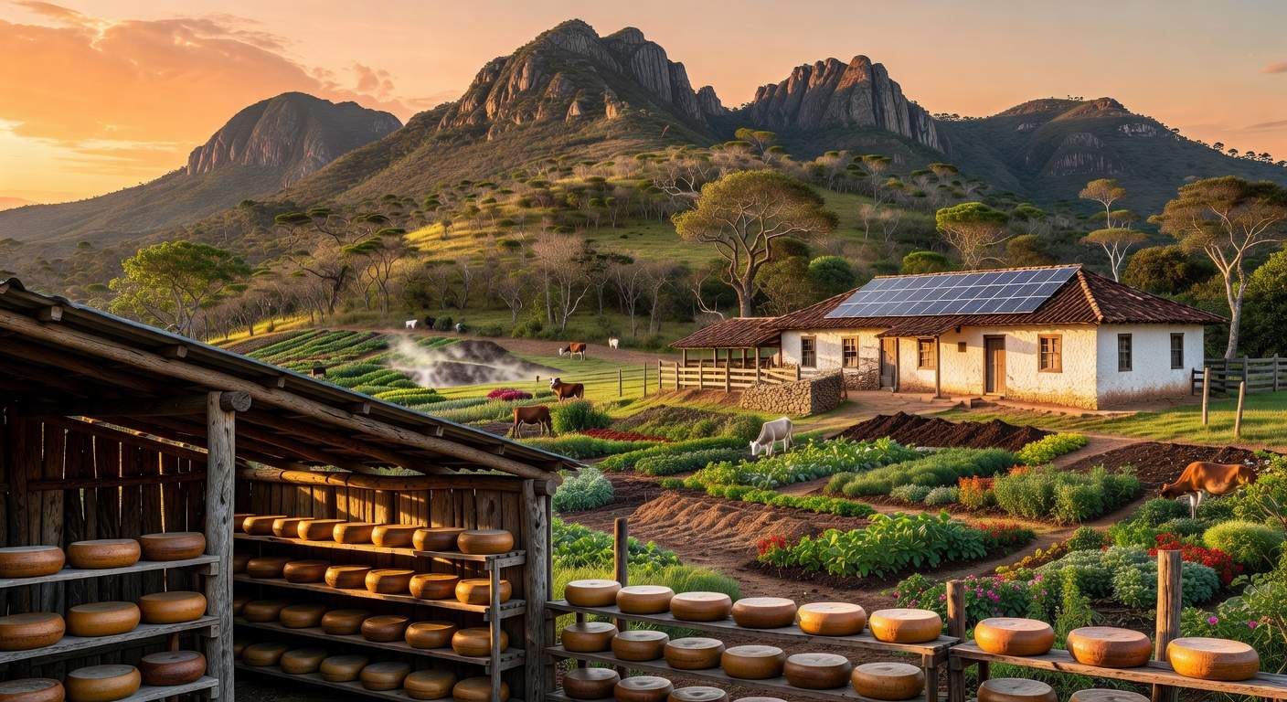 Paisagem da Serra da Canastra com fazenda sustentável produzindo queijo agroecológico em Minas Gerais.
