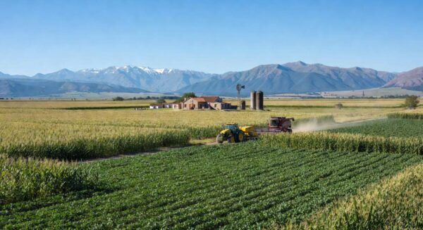 Campos agrícolas na Argentina com plantações e montanhas ao fundo, simbolizando expansão de vendas da Bayer na América Latina.