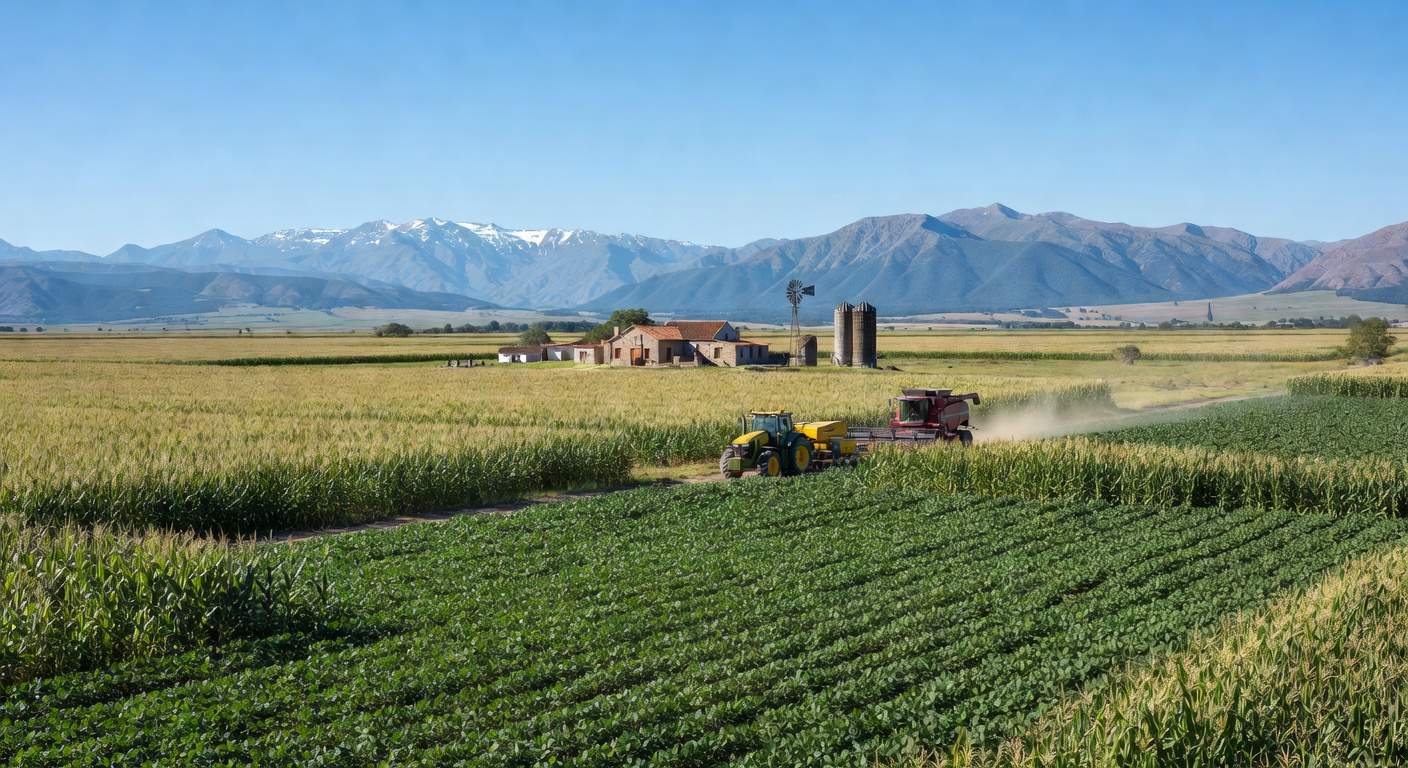 Campos agrícolas na Argentina com plantações e montanhas ao fundo, simbolizando expansão de vendas da Bayer na América Latina.