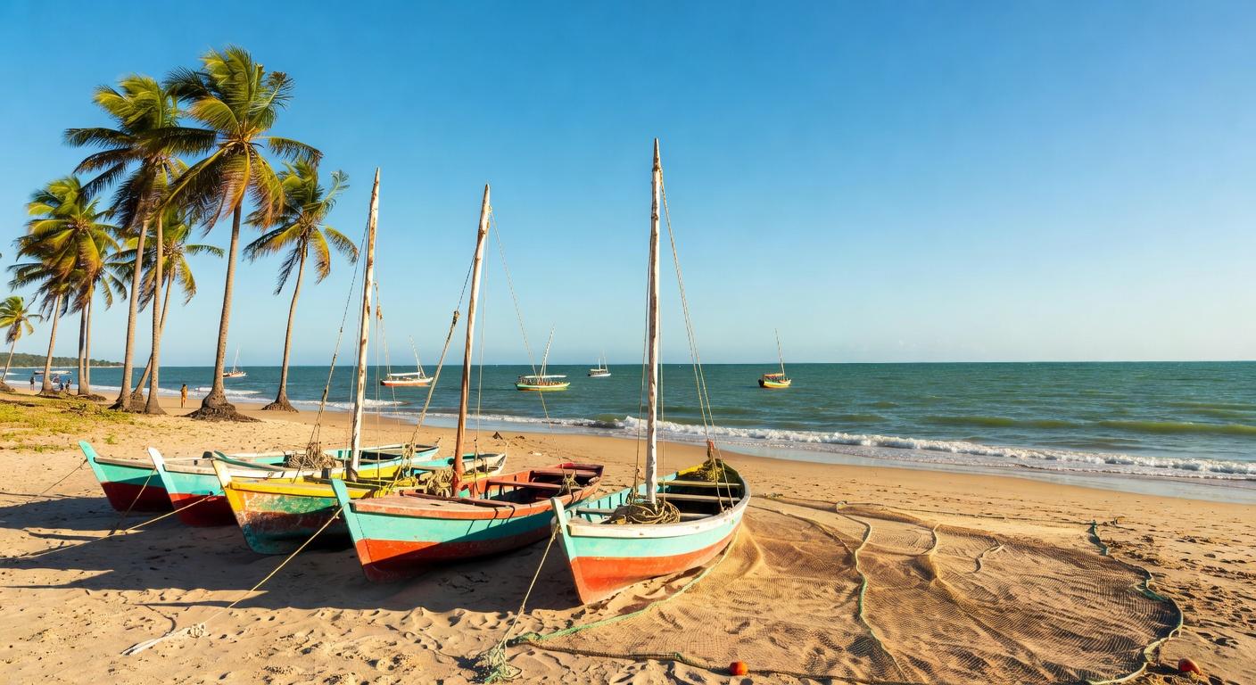 Barcos de pesca artesanal em praia brasileira, simbolizando bolsas de estudo para jovens pescadores pelo Ministério da Pesca.