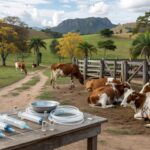 Fazenda de agricultura familiar no Brasil com vacas e equipamentos para transferência de embriões pela Embrapa.