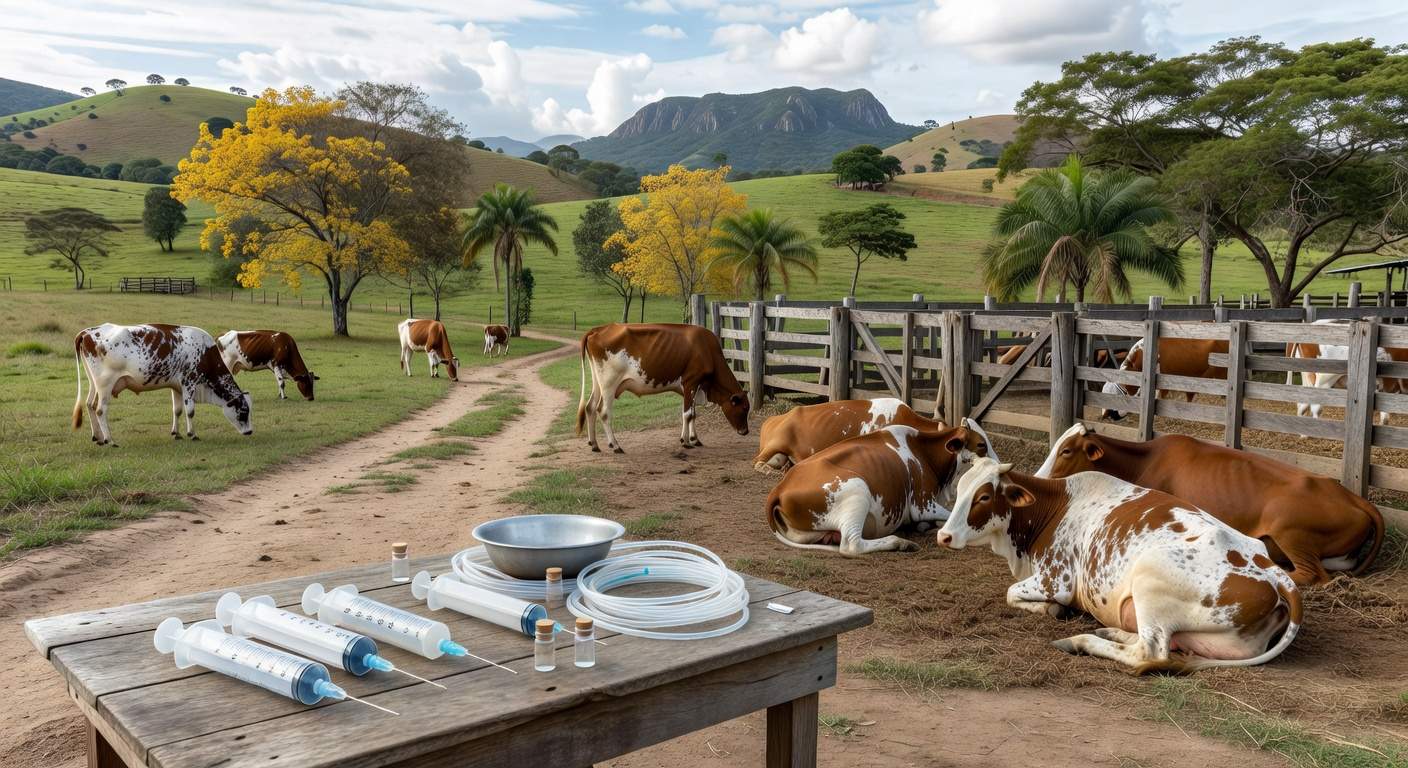 Fazenda de agricultura familiar no Brasil com vacas e equipamentos para transferência de embriões pela Embrapa.