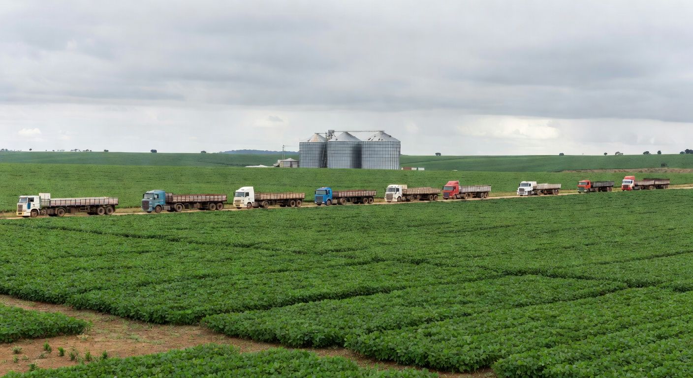 Plantação de soja no Cerrado brasileiro com silos e caminhões, representando debate sobre importação de biodiesel e riscos econômicos.