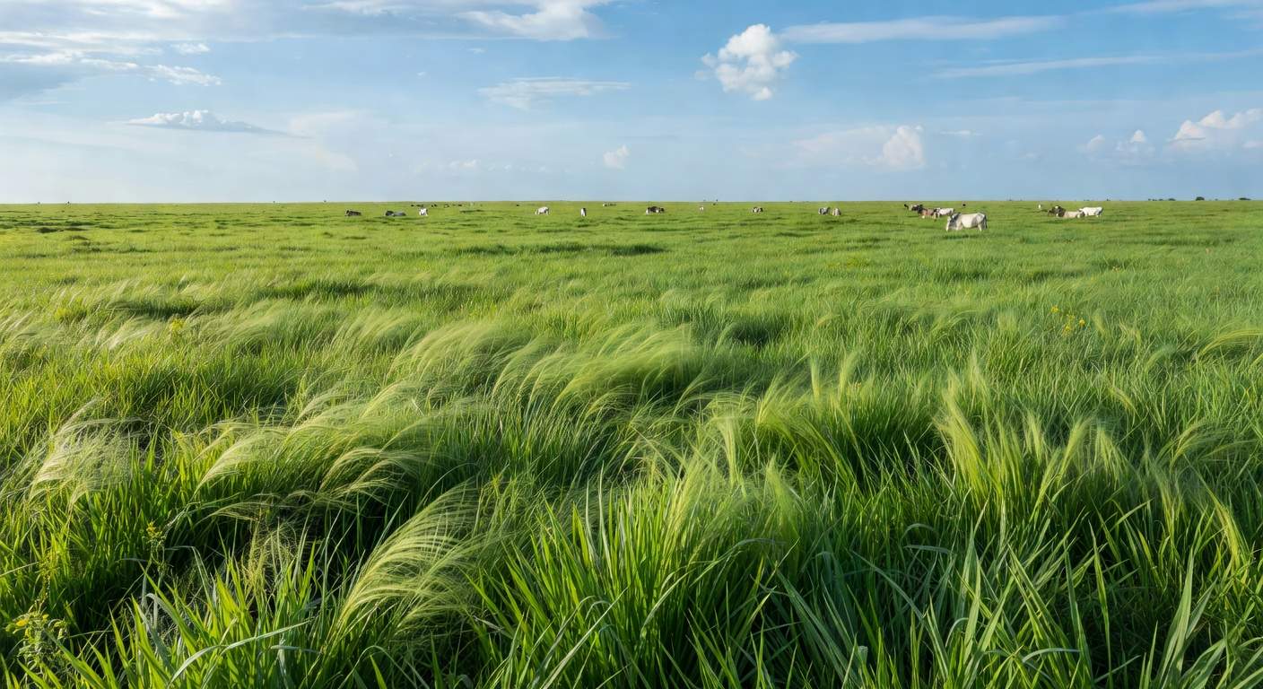 Pastagem verde no Brasil pronta para pastejo, elevando produtividade agrícola.