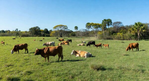 Rebanho de gado Wagyu em planície brasileira, ilustrando salto de 30% nos abates e impulso à pecuária premium em 2025.