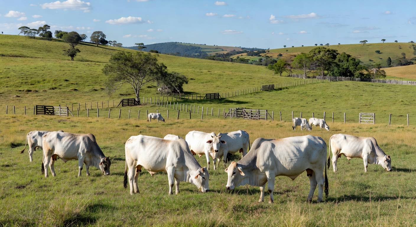 Rebanho de bois gordos em fazenda no interior de São Paulo, ilustrando alta no preço da arroba do boi gordo para R$ 350 em fevereiro.