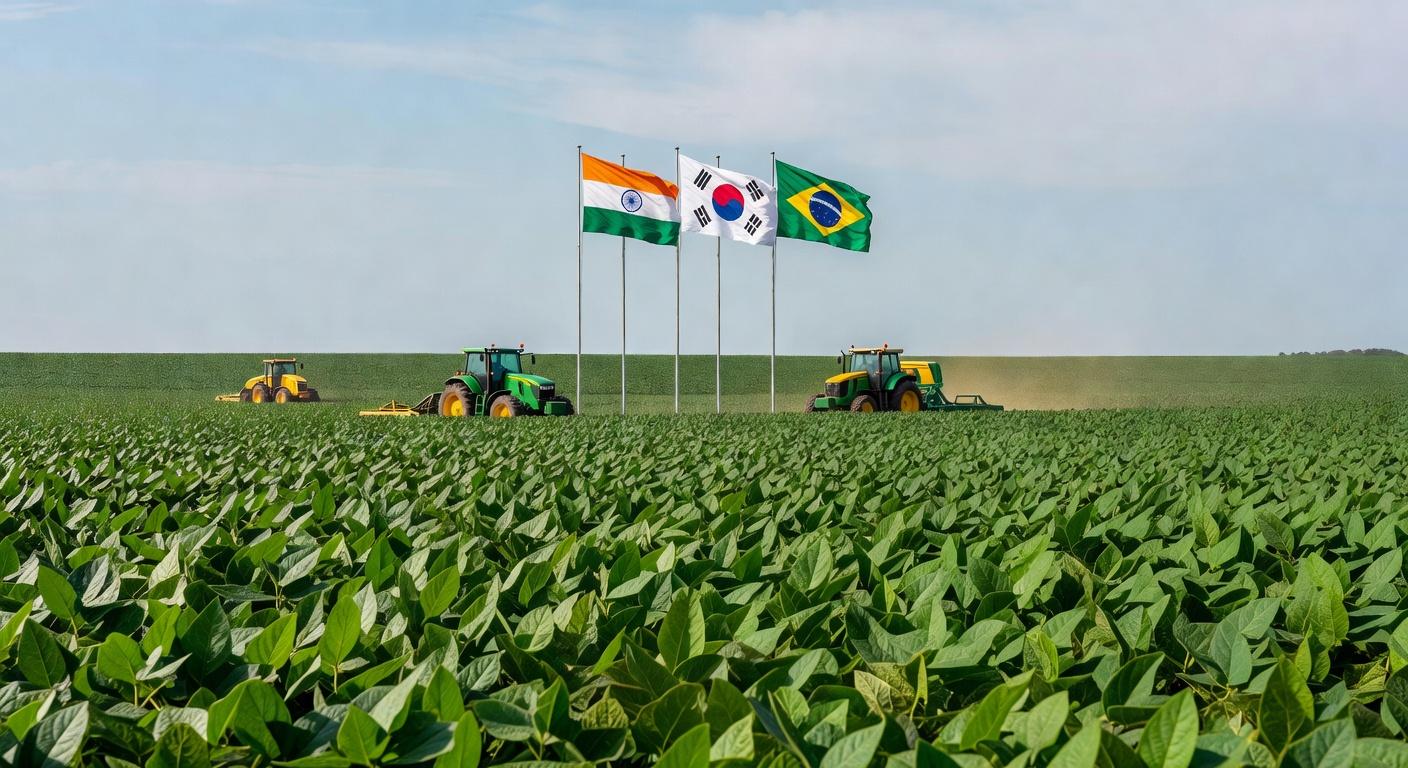 Campos de soja no Brasil com bandeiras da Índia e Coreia do Sul, representando laços agrícolas.