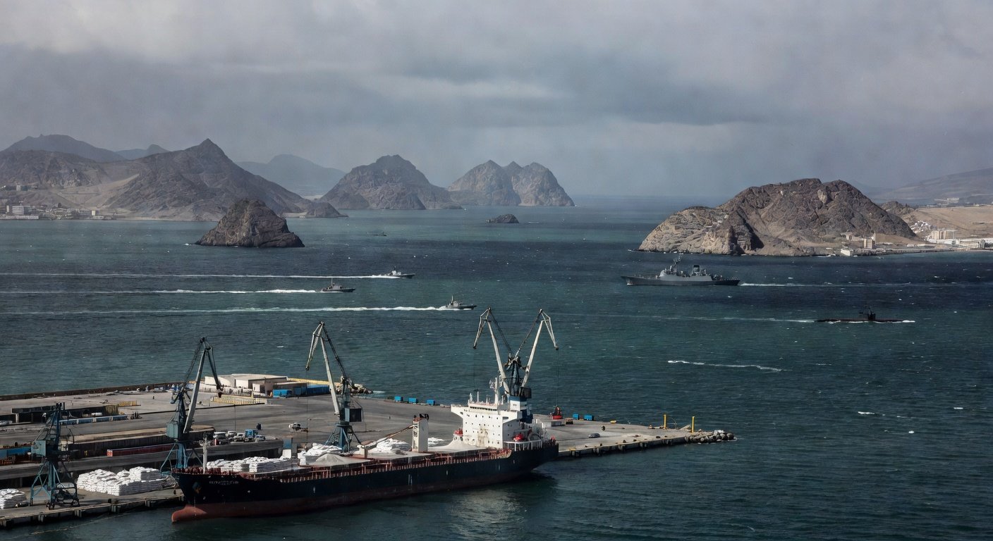 Navios no Estreito de Ormuz durante exercícios navais do Irã, afetando exportações de ureia para agricultura no Brasil.