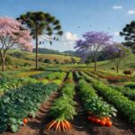 Campo agroecológico no Brasil com plantações sustentáveis e paisagem rural, representando convênios em agroecologia.