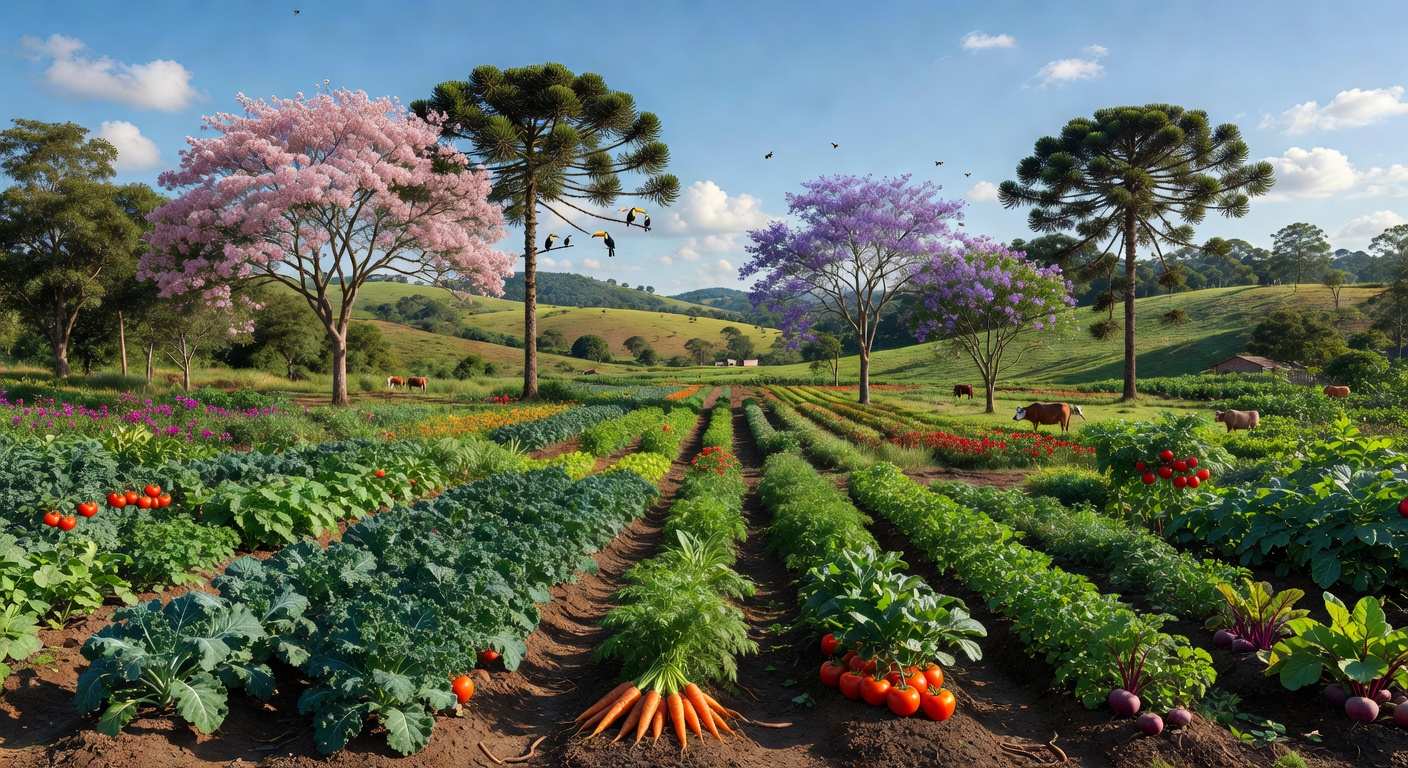 Campo agroecológico no Brasil com plantações sustentáveis e paisagem rural, representando convênios em agroecologia.