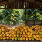 Plantação de cacau na Bahia com acúmulo de vagens maduras em armazém rústico, ilustrando recusa de exportadores a preços garantidos.