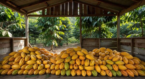 Plantação de cacau na Bahia com acúmulo de vagens maduras em armazém rústico, ilustrando recusa de exportadores a preços garantidos.