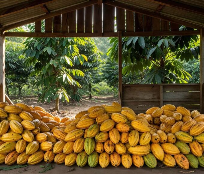 Plantação de cacau na Bahia com acúmulo de vagens maduras em armazém rústico, ilustrando recusa de exportadores a preços garantidos.
