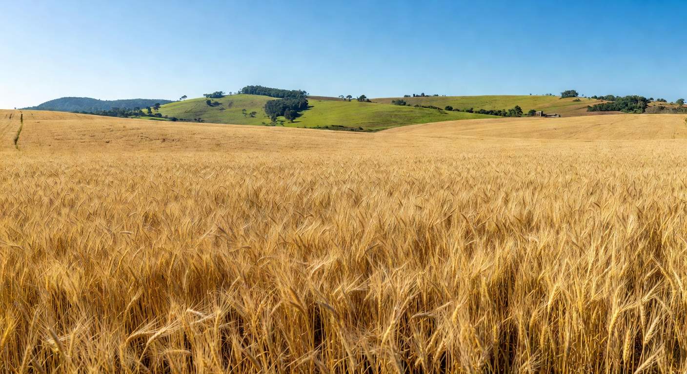 Campo de trigo dourado no sul do Brasil, representando safra abundante de grãos.