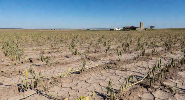 Plantação de soja afetada pela estiagem em Santo Antônio das Missões, RS, com solo rachado e plantas murchas.