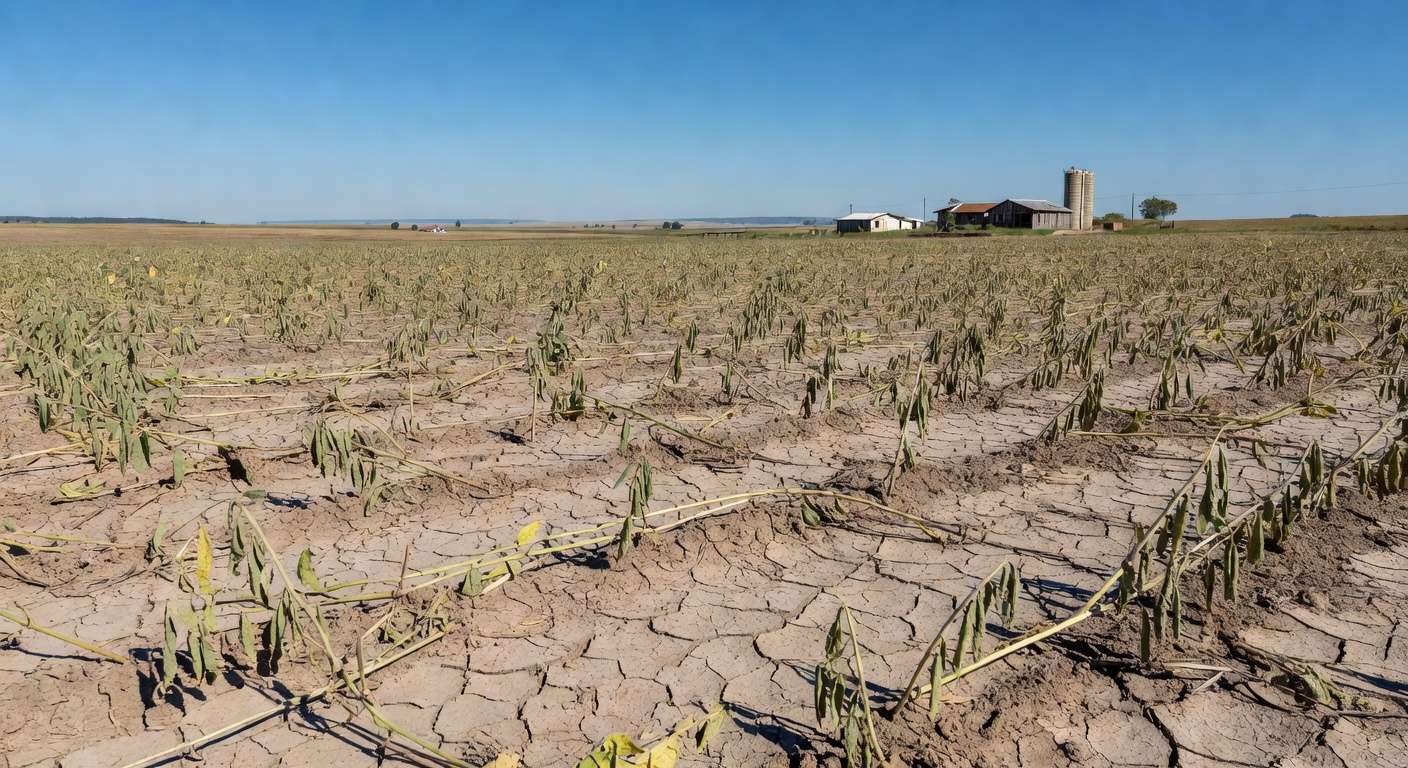 Plantação de soja afetada pela estiagem em Santo Antônio das Missões, RS, com solo rachado e plantas murchas.