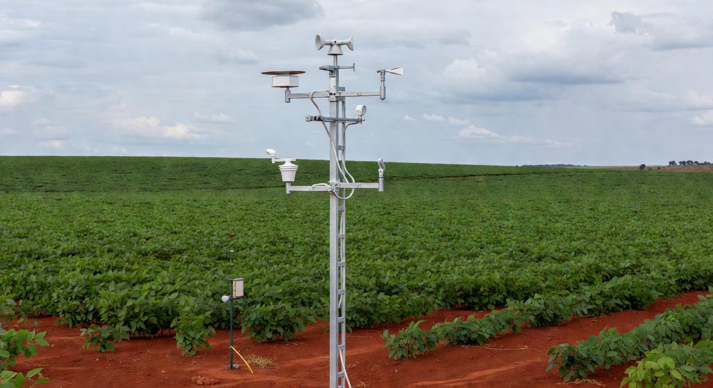 Estação meteorológica do Inmet instalada em lavoura de soja em Canarana, Mato Grosso, pelo Ministério da Agricultura.