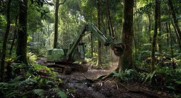 Máquina florestal da John Deere em operação na floresta tropical brasileira, expandindo tecnologias florestais.
