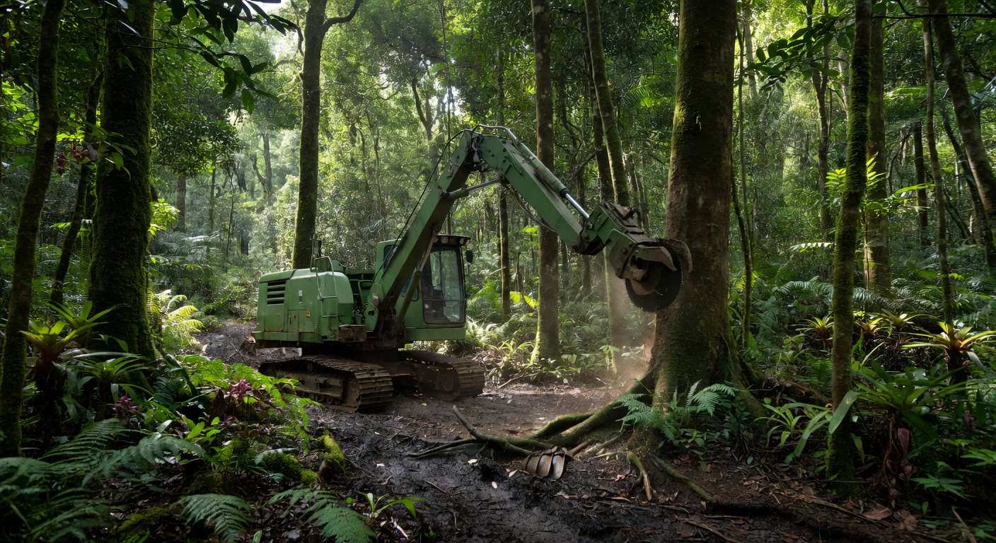 Máquina florestal da John Deere em operação na floresta tropical brasileira, expandindo tecnologias florestais.