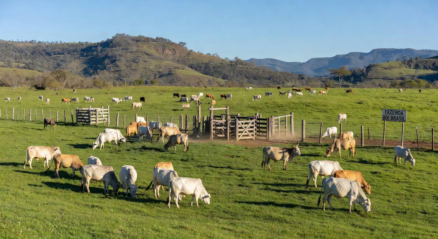 Fazenda de gado no Brasil com rebanho pastando, ilustrando projeções de importações de carne bovina pelos EUA.