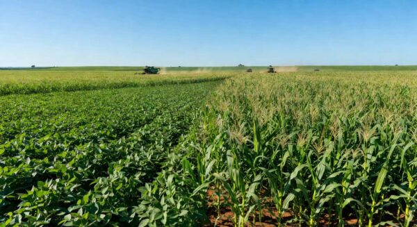 Campos de grãos no Brasil, com plantações de soja e milho, representando projeção de redução na área plantada.